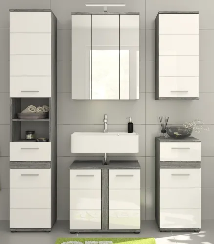 Badezimmer-Set Blake | weiß Hochglanz / rauchsilber | 5-teilig ohne Beleuchtung