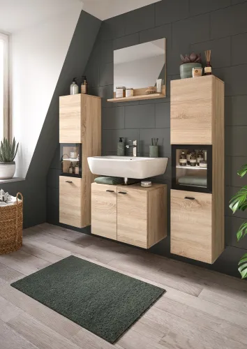 Badezimmer Set Boston 3 | 4-teilig | Eiche Sonoma | mit Aufsatzleuchte