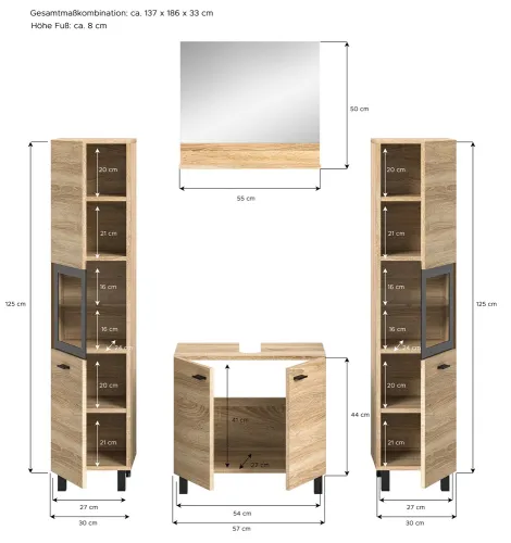 Badezimmer Set Boston 3 | 4-teilig | Eiche Sonoma | mit Aufsatzleuchte