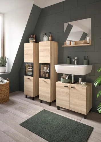 Badezimmer Set Boston 3 | 4-teilig | Eiche Sonoma | mit Aufsatzleuchte & Glasbodenclip