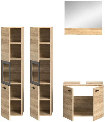 Badezimmer Set Boston 3 | 4-teilig | Eiche Sonoma | mit Aufsatzleuchte & Glasbodenclip