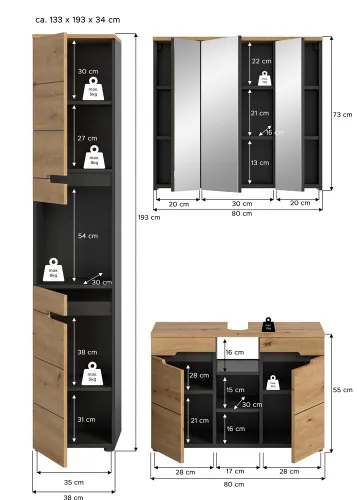 Badezimmer Set Canu 2 | 3-teilig | Artisan Eiche / Basalt grau | ohne Aufsatzleuchte