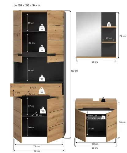 Badezimmer Set Canu 3 | 3-teilig | Artisan Eiche / Basalt grau | ohne Aufsatzleuchte