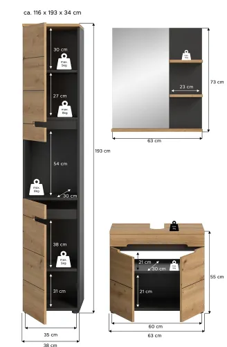 Badezimmer Set Canu | 3-teilig | Artisan Eiche / Basalt grau | mit Aufsatzleuchte