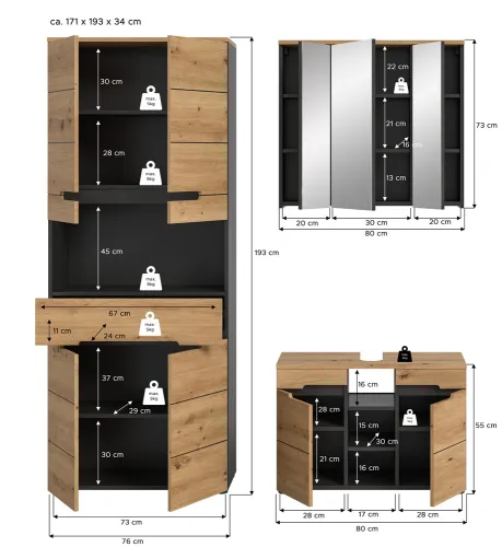Badezimmer Set Canu 4 | 3-teilig | Artisan Eiche / Basalt grau | optional Beleuchtung
