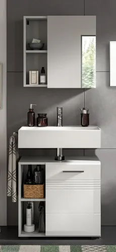 Badezimmer-Set Copa 1 | 2-teilig | grau / weiß Hochglanz mit Aufsatzleuchte