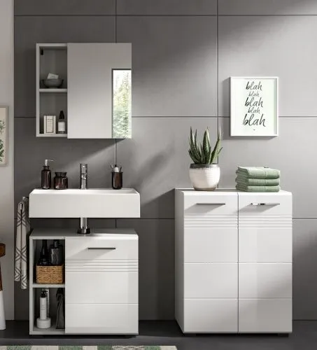 Badezimmer-Set Copa 1 | 2-teilig | grau / weiß Hochglanz mit Aufsatzleuchte