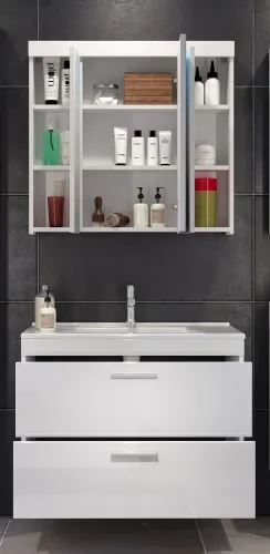 Badezimmer-Set Devon | inkl. Waschbecken | weiß Hochglanz | 2-teilig mit Aufsatzleuchte