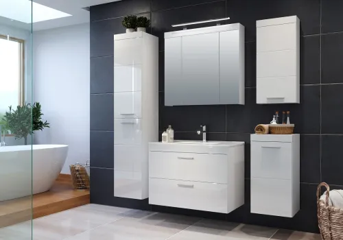 Badezimmer Set Devon | inkl. Waschbecken | weiß Hochglanz | 3-teilig