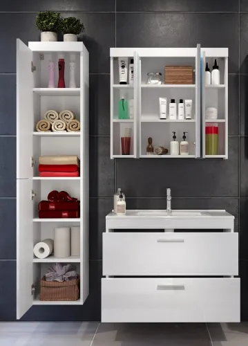 Badezimmer Set Devon | inkl. Waschbecken | weiß Hochglanz | 3-teilig ohne Aufsatzleuchte