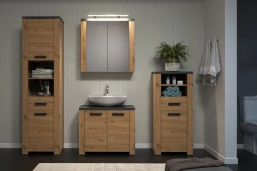 Badezimmer-Set Follow, 4-teilig, im Badezimmer, Hochschrank, Spiegelschrank, Waschtisch mit Unterschrank und Seitenschrank – Ansicht 2