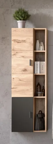 Badezimmer-Set Grado | Nox Oak / grau | 4-teilig mit Aufsatzleuchte