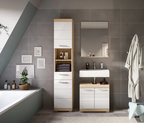 Badezimmer-Set Lambada 2 | weiß Hochglanz / Sonoma Eiche hell | 3-teilig | optional Beleuchtung mit Aufsatzleuchte