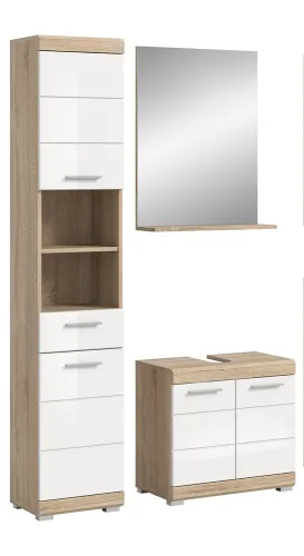 Badezimmer-Set Lambada 2 | weiß Hochglanz / Sonoma Eiche hell | 3-teilig | optional Beleuchtung mit Aufsatzleuchte