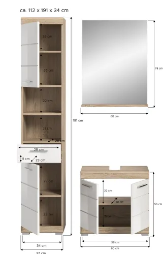 Badezimmer-Set Lambada 2 | weiß Hochglanz / Sonoma Eiche hell | 3-teilig | optional Beleuchtung mit Aufsatzleuchte