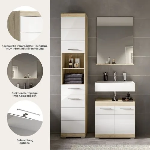 Badezimmer-Set Lambada 2 | weiß Hochglanz / Sonoma Eiche hell | 3-teilig | optional Beleuchtung mit Aufsatzleuchte