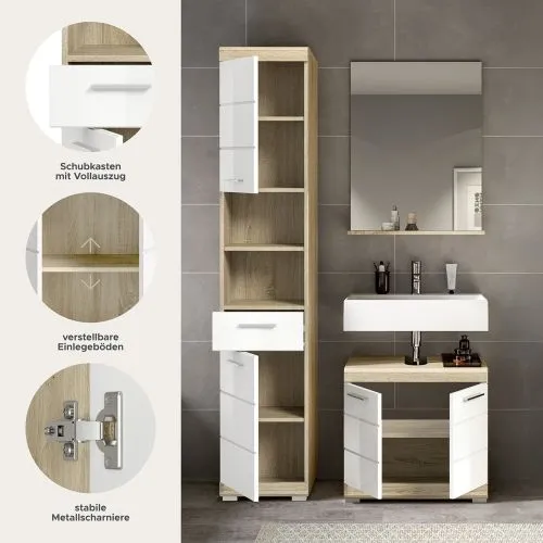 Badezimmer-Set Lambada 2 | weiß Hochglanz / Sonoma Eiche hell | 3-teilig | optional Beleuchtung mit Aufsatzleuchte