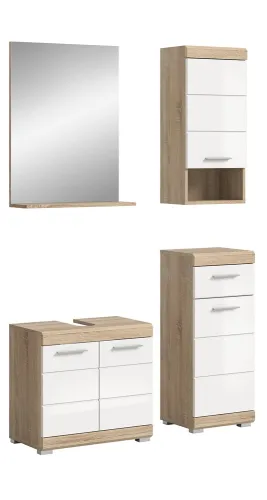 Badezimmer-Set Lambada 2 | weiß Hochglanz / Sonoma Eiche hell | 4-teilig | mit Aufsatzleuchte