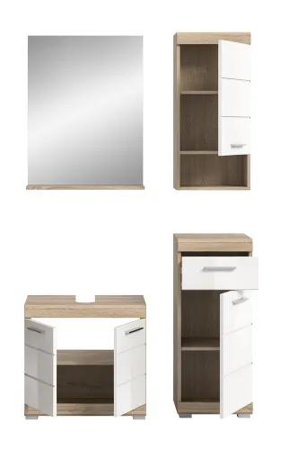 Badezimmer-Set Lambada 2 | weiß Hochglanz / Sonoma Eiche hell | 4-teilig | mit Aufsatzleuchte