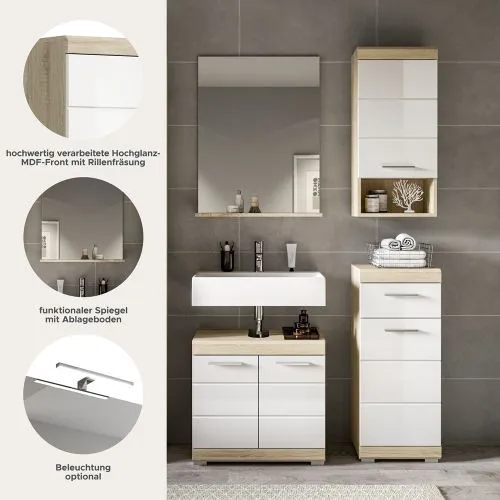 Badezimmer-Set Lambada 2 | weiß Hochglanz / Sonoma Eiche hell | 4-teilig | ohne Aufsatzleuchte