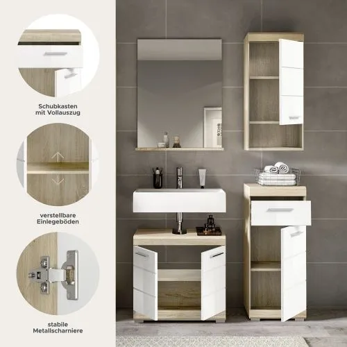Badezimmer-Set Lambada 2 | weiß Hochglanz / Sonoma Eiche hell | 4-teilig | optional Beleuchtung
