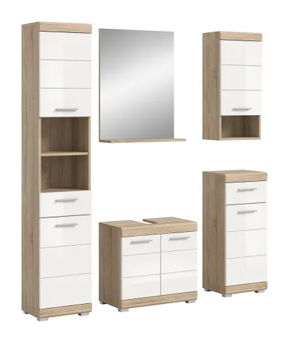 Badezimmer-Set Lambada 2 | weiß Hochglanz / Sonoma Eiche hell | 5-teilig | mit Beleuchtung