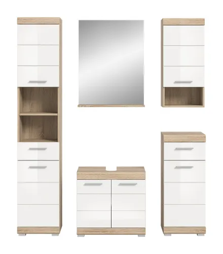Badezimmer-Set Lambada 2 | weiß Hochglanz / Sonoma Eiche hell | 5-teilig | mit Beleuchtung