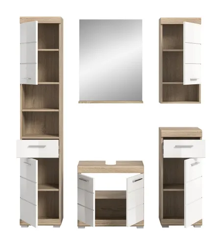 Badezimmer-Set Lambada 2 | weiß Hochglanz / Sonoma Eiche hell | 5-teilig | mit Beleuchtung