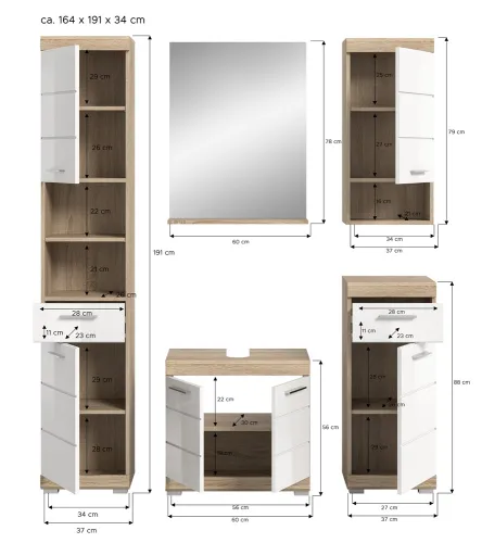 Badezimmer-Set Lambada 2 | weiß Hochglanz / Sonoma Eiche hell | 5-teilig | mit Beleuchtung