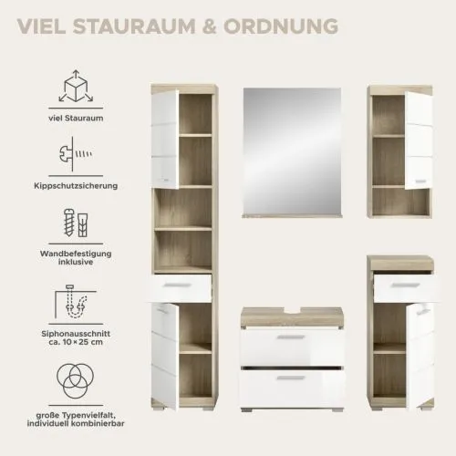 Badezimmer-Set Lambada 2 | weiß Hochglanz / Sonoma Eiche hell | 5-teilig | ohne Aufsatzleuchte