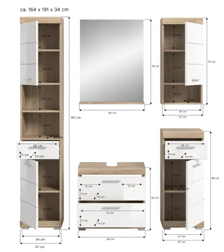 Badezimmer-Set Lambada 2 | weiß Hochglanz / Sonoma Eiche hell | 5-teilig | ohne Aufsatzleuchte