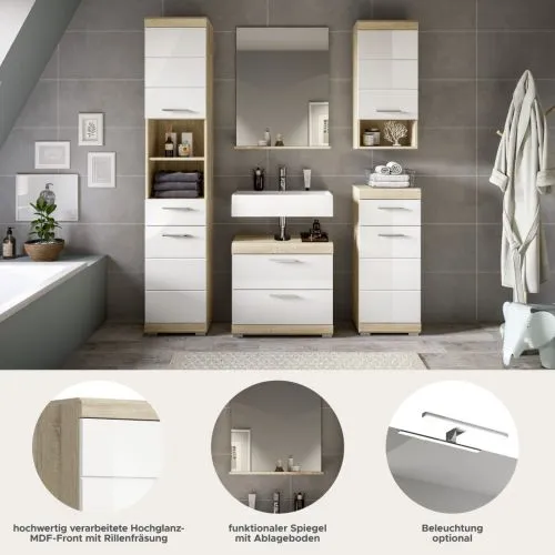 Badezimmer-Set Lambada 2 | weiß Hochglanz / Sonoma Eiche hell | 5-teilig | ohne Aufsatzleuchte