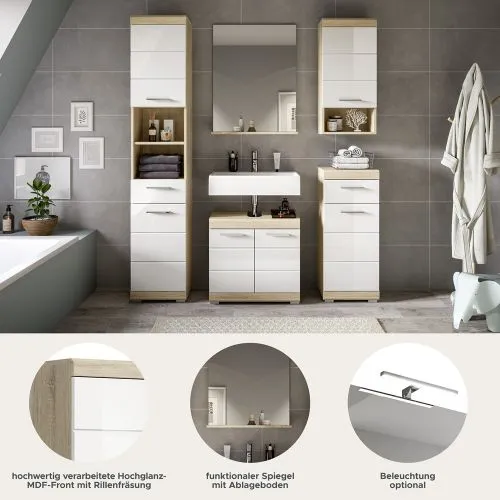 Badezimmer-Set Lambada 2 | weiß Hochglanz / Sonoma Eiche hell | 5-teilig | ohne Beleuchtung