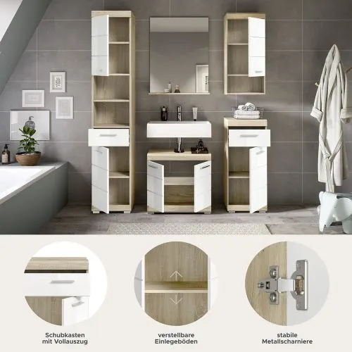 Badezimmer-Set Lambada 2 | weiß Hochglanz / Sonoma Eiche hell | 5-teilig | optional Beleuchtung