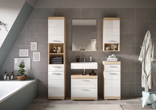 Badezimmer-Set Lambada 2 | weiß Hochglanz / Sonoma Eiche hell | 5-teilig | optional Beleuchtung mit Aufsatzleuchte