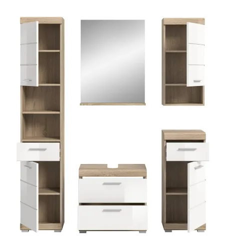 Badezimmer-Set Lambada 2 | weiß Hochglanz / Sonoma Eiche hell | 5-teilig | optional Beleuchtung mit Aufsatzleuchte