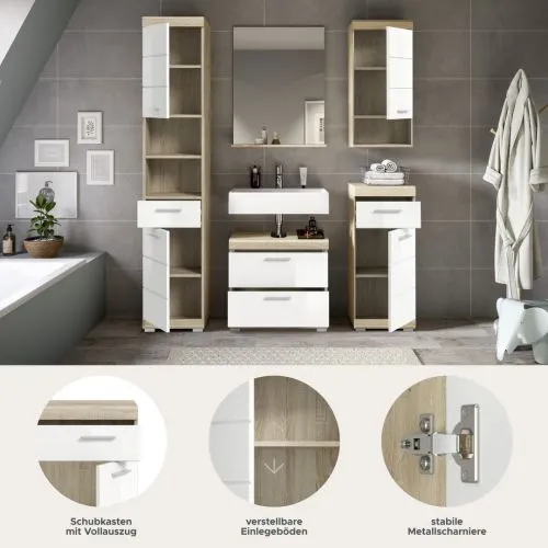 Badezimmer-Set Lambada 2 | weiß Hochglanz / Sonoma Eiche hell | 5-teilig | optional Beleuchtung mit Aufsatzleuchte
