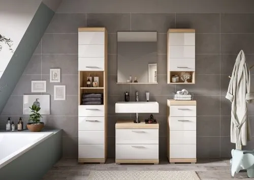 Badezimmer-Set Lambada 2a | weiß Hochglanz / Sonoma Eiche hell | 5-teilig | optional Beleuchtung mit Aufsatzleuchte