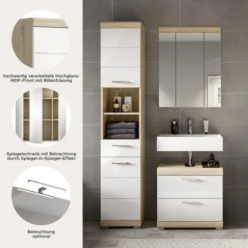 Badezimmer-Set Lambada 3 | weiß Hochglanz / Sonoma Eiche hell | 3-teilig | optional Beleuchtung