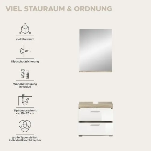 Badezimmer-Set Lambada 4 | weiß Hochglanz / Sonoma Eiche hell | 2-teilig | ohne Aufsatzleuchte