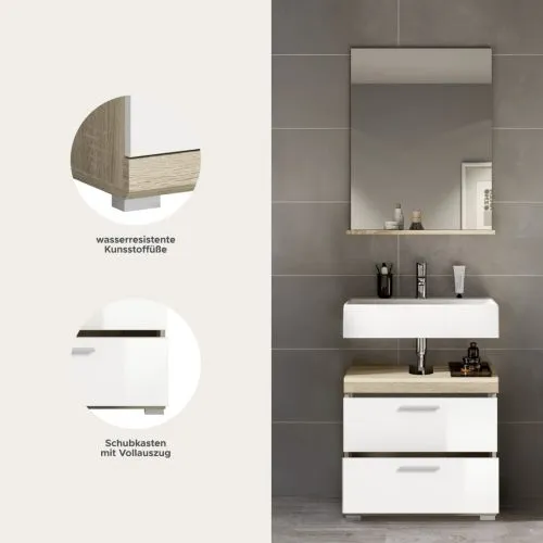 Badezimmer-Set Lambada 4 | weiß Hochglanz / Sonoma Eiche hell | 2-teilig | optional Beleuchtung
