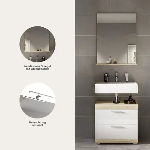 Badezimmer-Set Lambada 4 | weiß Hochglanz / Sonoma Eiche hell | 2-teilig | optional Beleuchtung
