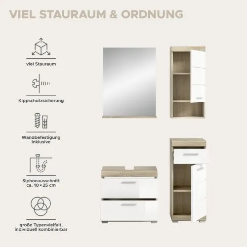 Badezimmer-Set Lambada 4 weiß Hochglanz / Sonoma Eiche hell 4-teilig