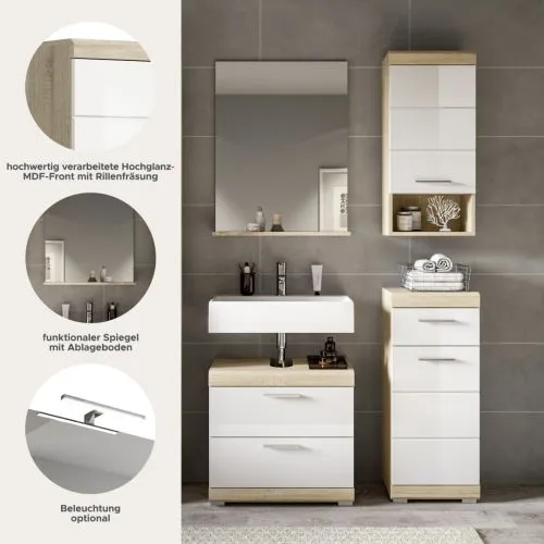 Badezimmer-Set Lambada 4 weiß Hochglanz / Sonoma Eiche hell 4-teilig