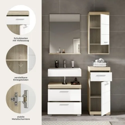 Badezimmer-Set Lambada 4 | weiß Hochglanz / Sonoma Eiche hell | 4-teilig | mit Aufsatzleuchte