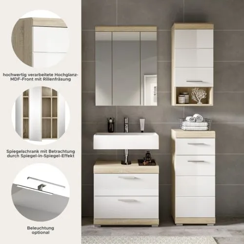 Badezimmer-Set Lambada 7 | weiß Hochglanz / Sonoma Eiche hell | 4-teilig | optional Beleuchtung