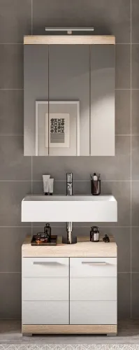 Badezimmer-Set Lambada | weiß Hochglanz / Sonoma Eiche hell | 2-teilig mit Aufsatzleuchte