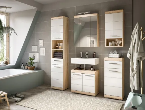 Badezimmer-Set Lambada | weiß Hochglanz / Sonoma Eiche hell | 2-teilig mit Aufsatzleuchte