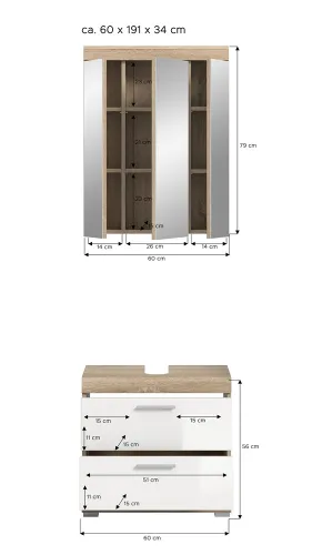 Badezimmer-Set Lambada 3 | weiß Hochglanz / Sonoma Eiche hell | 2-teilig | mit Aufsatzleuchte