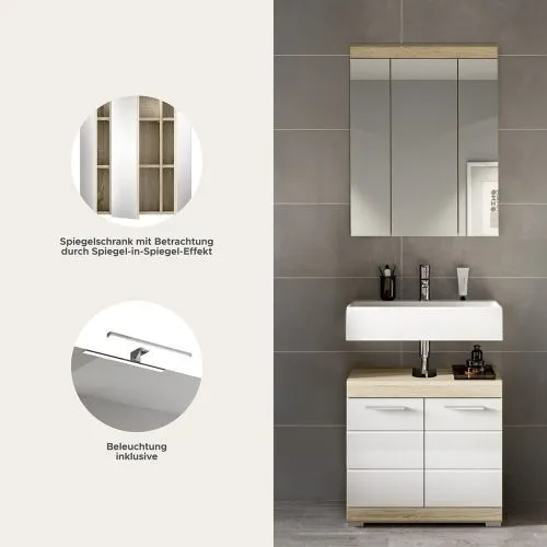 Badezimmer-Set Lambada | weiß Hochglanz / Sonoma Eiche hell | 2-teilig ohne Aufsatzleuchte